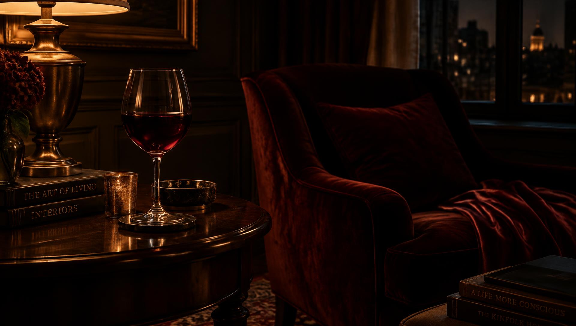 A glass of red wine beside a dim lamp late at night