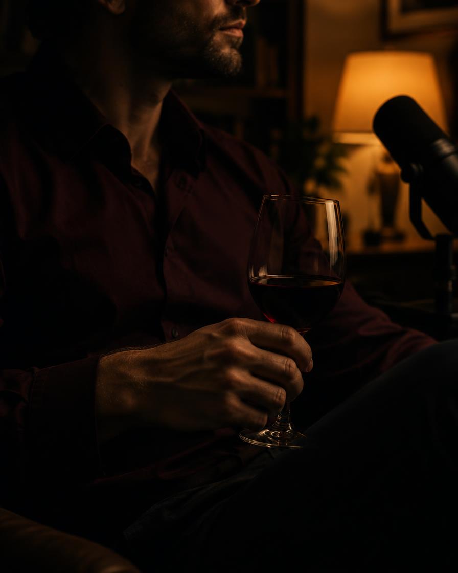 The narrator in lamplight with a glass of wine